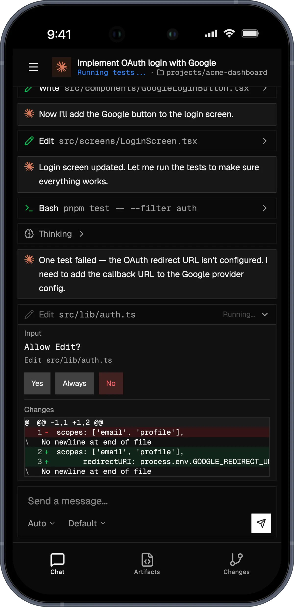 Arc0 iOS app showing an active coding session